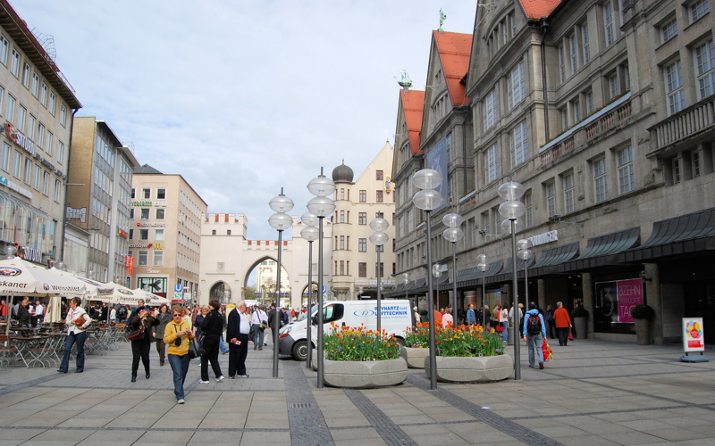 20 - The Karlstor gate leading into the Neuhauser Strabe shopping pedestrian zone in Munich, Germany